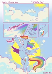 Size: 1366x1933 | Tagged: safe, artist:piesinful, imported from derpibooru, rainbow dash, pegasus, pony, comic:unlucky day, fanfic:cupcakes, cloud, dialogue, female, flying, mare, solo, sun