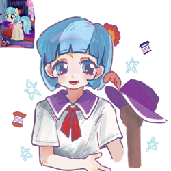 Size: 1080x1080 | Tagged: safe, artist:多吃樱桃籽, imported from derpibooru, coco pommel, human, bust, clothes, hat, humanized, open mouth, portrait, reference used, shirt, simple background, smiling, solo, spool, stars, t-shirt, thread, white background