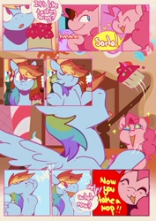 Size: 1366x1933 | Tagged: safe, artist:piesinful, imported from derpibooru, pinkie pie, rainbow dash, pegasus, pony, comic:unlucky day, fanfic:cupcakes, candy, candy cane, comic, cupcake, dialogue, duo, eating, female, floating heart, food, heart, mare, speech bubble, sugarcube corner