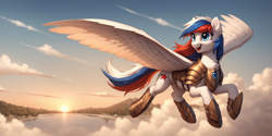 Size: 3072x1536 | Tagged: safe, imported from derpibooru, oc, oc only, oc:marussia, pegasus, pony, ai assisted, ai content, ai generated, armor, female, flying, generator:pony diffusion v6 xl, generator:stable diffusion, happy, nation ponies, ponified, prompter:oranzinispegasiukas, russia, sky, smiling, solo, sunset