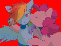 Size: 1667x1250 | Tagged: safe, artist:piesinful, imported from derpibooru, pinkie pie, rainbow dash, earth pony, pegasus, pony, fanfic:cupcakes, blood, cheek kiss, cupcake, duo, female, food, kissing, mare, red background, simple background, spread wings, wings