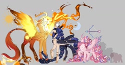 Size: 1194x625 | Tagged: safe, artist:piesinful, imported from derpibooru, princess cadance, princess celestia, princess luna, alicorn, pony, alternate design, arrow, blindfold, bow (weapon), cupid, curved horn, female, fiery mane, fiery wings, gray background, hoof shoes, horn, horn jewelry, jewelry, leonine tail, mare, peytral, simple background, spread wings, tail, trio, unshorn fetlocks, wings