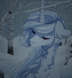 Size: 3200x3500 | Tagged: safe, artist:blackberry907, imported from derpibooru, oc, oc only, oc:anathema, pony, unicorn, bust, commission, female, forest, horn, mare, nature, snow, snowfall, solo, tree, winter, ych result