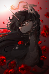 Size: 4000x6000 | Tagged: safe, artist:blackberry907, imported from derpibooru, oc, oc only, pony, unicorn, blushing, bust, ear piercing, earring, female, flower, freckles, high res, horn, jewelry, mare, nose piercing, nose ring, piercing, solo