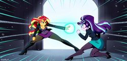 Size: 1856x896 | Tagged: prompter needed, source needed, safe, imported from derpibooru, starlight glimmer, sunset shimmer, human, equestria girls, ai content, ai generated, boots, breasts, business suit, cleavage, clothes, fight, generator:novelai, generator:stable diffusion, high heel boots, high heels, horn, magic, pantyhose, shoes, suit, sunset vs starlight, unicorn horn