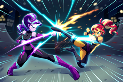 Size: 1344x896 | Tagged: prompter needed, source needed, safe, imported from derpibooru, starlight glimmer, sunset shimmer, human, equestria girls, ai content, ai generated, boots, catsuit, clothes, fight, generator:novelai, generator:stable diffusion, high heel boots, high heels, kick, martial arts, shoes, sunset vs starlight