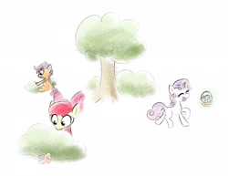Size: 2463x1902 | Tagged: safe, artist:notfocks, imported from derpibooru, apple bloom, scootaloo, sweetie belle, earth pony, pegasus, pony, unicorn, basket, cutie mark crusaders, easter, easter egg, female, filly, foal, forest, holiday, horn, nature, tree, trio