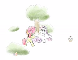 Size: 2463x1902 | Tagged: safe, artist:notfocks, imported from derpibooru, apple bloom, diamond tiara, scootaloo, silver spoon, sweetie belle, pegasus, pony, unicorn, basket, beaten up, bow, butt, crying, cutie mark crusaders, easter, easter egg, female, fight, filly, foal, forest, hair bow, holiday, horn, jewelry, kicking, lying down, nature, plot, tiara, tree
