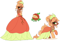 Size: 5040x3470 | Tagged: safe, artist:gihhbloonde, imported from derpibooru, applejack, earth pony, human, pony, apple frog, applejack also dresses in style, bare shoulders, clothes, crossover, crossover fusion, crown, disney princess, dress, evening gloves, female, freckles, fusion, fusion:applejack, fusion:tiana, gloves, gown, hair bun, jewelry, lipstick, long gloves, regalia, sleeveless, standing, strapless, the princess and the frog, tiana, we have become one