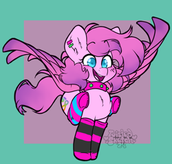 Size: 3000x2869 | Tagged: safe, artist:twisted-sketch, imported from derpibooru, oc, oc only, oc:muffins, pegasus, pony, choker, clothes, colored wings, digital art, ear piercing, earring, female, jewelry, mare, piercing, simple background, socks, solo, spiked choker, striped socks, wings