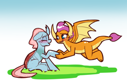 Size: 1114x737 | Tagged: safe, artist:chiefywiffy, imported from derpibooru, ocellus, smolder, changeling, dragon, cute, female, flying, gradient background, lesbian, shipping, smolcellus, smolderbetes