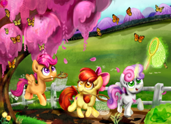 Size: 6600x4800 | Tagged: safe, artist:cosmocatcrafts, imported from derpibooru, apple bloom, scootaloo, sweetie belle, butterfly, earth pony, pegasus, pony, unicorn, absurd file size, absurd resolution, adorabloom, butterfly net, cute, cutealoo, cutie mark, cutie mark crusaders, diasweetes, female, filly, foal, grin, horn, magic, smiling, the cmc's cutie marks, too big for derpibooru, trio