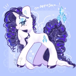 Size: 2048x2048 | Tagged: safe, artist:strawberriicups, imported from derpibooru, rarity, pony, unicorn, blue sclera, cutie mark, detailed background, female, horn, looking at you, mare, napkin, purple mane, signature, smiling, smiling at you, solo, tail, two toned mane, two toned tail, unshorn fetlocks, white coat