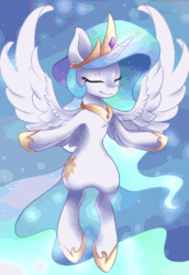 Size: 1000x1450 | Tagged: safe, artist:scarlet-spectrum, imported from derpibooru, princess celestia, alicorn, pony, absurd file size, absurd gif size, animated, armpits, cinemagraph, crown, cutie mark, ethereal mane, ethereal tail, eyes closed, female, floating, flowing mane, flowing tail, gif, glowing, glowing mane, glowing tail, hoof shoes, jewelry, majestic, mare, multicolored mane, multicolored tail, peytral, regalia, royalty, smiling, solo, spread wings, tail, wings