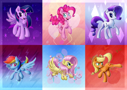 Size: 6614x4677 | Tagged: safe, artist:sentireaeris, imported from derpibooru, applejack, fluttershy, pinkie pie, rainbow dash, rarity, twilight sparkle, alicorn, earth pony, pegasus, pony, unicorn, abstract background, absurd file size, absurd resolution, bucking, collage, compilation, female, horn, mane six, mare, smiling, too big for derpibooru, twilight sparkle (alicorn)