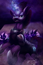 Size: 7390x11182 | Tagged: safe, artist:zilvart, imported from derpibooru, tempest shadow, pony, unicorn, my little pony: the movie, absurd file size, absurd resolution, armor, broken horn, chainmail, electricity, female, fit, horn, mare, night, rearing, signature, slender, solo focus, stars, sternocleidomastoid, storm guard, thin, too big for derpibooru
