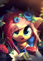 Size: 4961x7016 | Tagged: safe, artist:freeedon, imported from derpibooru, fluttershy, pegasus, pony, absurd file size, absurd resolution, beautiful, bow, bust, clothes, converted, cute, dress, ear fluff, eye clipping through hair, eye reflection, eyebrows, eyebrows visible through hair, female, flower, flower in hair, lily (flower), looking at you, mare, open mouth, portrait, reflection, rose, shyabetes, sidemouth, signature, smiling, solo, too big for derpibooru