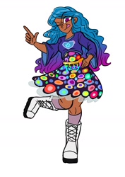 Size: 1240x1754 | Tagged: safe, artist:jully-park, imported from derpibooru, izzy moonbow, human, clothes, cutie mark, dress, female, g5, human coloration, humanized, looking at you, magenta eyes, moderate dark skin, one eye closed, shoes, signature, simple background, socks, solo, tongue out, two toned hair, white background, wink