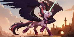 Size: 3072x1536 | Tagged: safe, imported from derpibooru, sci-twi, twilight sparkle, oc, alicorn, pony, equestria girls, ai assisted, ai content, ai generated, castle, chest fluff, concave belly, cute, female, generator:pony diffusion v6 xl, generator:stable diffusion, happy, large wings, midnight sparkle, midnightabetes, open mouth, open smile, prompter:oranzinispegasiukas, slender, smiling, solo, spread wings, thin, twiabetes, wings