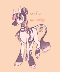 Size: 754x899 | Tagged: safe, artist:beyhr, imported from derpibooru, part of a set, oc, oc only, oc:peach fizz, zebra, cloven hooves, colored hooves, curly mane, curly tail, eye clipping through hair, eyebrows, eyebrows visible through hair, female, hair accessory, hair bun, leonine tail, looking back, no catchlights, non-pony oc, orange background, purple eyes, raised leg, signature, simple background, smiling, striped, stripes, tail, tall ears, text, tied mane, two toned mane, two toned tail, white coat