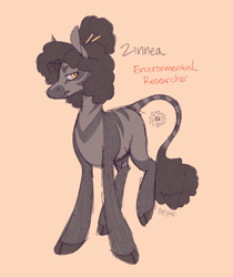 Size: 754x899 | Tagged: safe, artist:beyhr, imported from derpibooru, oc, oc only, oc:zinnea, zebra, afro puff, brown coat, brown mane, brown tail, cloven hooves, colored eyebrows, colored hooves, colored legs, colored muzzle, female, frown, gray coat, hair accessory, hairpin, leonine tail, lidded eyes, looking back, narrowed eyes, no catchlights, non-pony oc, orange background, raised leg, signature, simple background, slit pupils, solo, striped, stripes, tail, tall ears, text, tied mane, yellow eyes
