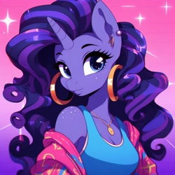 Size: 1024x1024 | Tagged: safe, imported from derpibooru, oc, oc only, anthro, unicorn, abstract background, adorasexy, ai content, ai generated, anthro oc, breasts, cleavage, clothes, cute, ear piercing, earring, female, freckles, horn, jewelry, necklace, piercing, prompter:horselover fat, reasonably sized breasts, sexy, simple background, solo, tanktop, unicorn oc