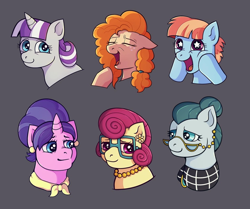 Size: 1280x1071 | Tagged: safe, artist:brightsnap, imported from derpibooru, cloudy quartz, cookie crumbles, pear butter, posey shy, twilight velvet, windy whistles, earth pony, pegasus, pony, unicorn, ear piercing, earring, eyes closed, female, floppy ears, glasses, hooves on face, horn, jewelry, lidded eyes, mare, mom six, necklace, open mouth, open smile, piercing, smiling, squishy cheeks, starry eyes, wingding eyes
