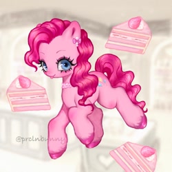 Size: 1200x1200 | Tagged: safe, artist:krol2501, imported from derpibooru, pinkie pie, earth pony, pony, :p, abstract background, big eyes, big forehead, blue eyes, blushing, choker, colored hooves, colored pinnae, cupcake, curly mane, curly tail, cute, ear blush, ear piercing, earring, eyeshadow, female, food, in air, jewelry, knee blush, looking at you, makeup, mare, piercing, pink mane, shiny hooves, solo, tail, tongue out, unshorn fetlocks, wingding eyes