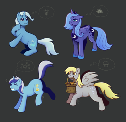 Size: 3803x3694 | Tagged: safe, artist:brightsnap, imported from derpibooru, derpy hooves, minuette, princess luna, trixie, alicorn, pegasus, pony, unicorn, basket, eyes closed, female, floppy ears, folded wings, food, frown, gray background, grin, happy, hoof shoes, horn, looking up, mare, mouth hold, muffin, princess shoes, s1 luna, sad, simple background, smiling, spread wings, starry eyes, tail, wingding eyes, wings