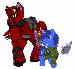 Size: 3004x2772 | Tagged: safe, artist:irkengeneral, imported from derpibooru, oc, oc only, oc:aquarius zodiac, oc:aries zodiac, earth pony, pony, unicorn, fallout equestria, fallout equestria: project horizons, armor, duo, fanfic art, female, gun, handgun, horn, male, mare, power armor, revolver, simple background, weapon, white background