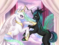 Size: 1500x1135 | Tagged: safe, artist:krol2501, imported from derpibooru, princess celestia, queen chrysalis, changeling, changeling queen, angry, crown, curtains, duo, duo female, female, fight, green eyes, green mane, jewelry, mare, multicolored mane, multicolored tail, pink eyes, raised hoof, rearing, regalia, spread wings, tail, wings