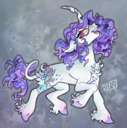 Size: 1518x1523 | Tagged: safe, artist:nevgig, imported from derpibooru, rarity, pony, unicorn, abstract background, alternate cutie mark, alternate design, alternate hairstyle, alternate tailstyle, butt fluff, chest fluff, colored eyebrows, colored hooves, curly mane, curly tail, curved horn, ear fluff, eyelashes, female, fetlock tuft, floppy ears, glasses, halftone, horn, long mane, long tail, looking back, mare, no catchlights, open mouth, open smile, pointy hooves, prancing, purple eyes, purple mane, purple tail, raised hoof, raised leg, rarity's glasses, redesign, signature, smiling, solo, sparkles, tail, teeth, thick eyelashes, unique horn, unshorn fetlocks, white coat