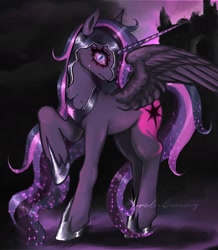 Size: 1700x1948 | Tagged: safe, artist:krol2501, imported from derpibooru, twilight sparkle, alicorn, equestria girls, alternate universe, armor, armored pony, bad end, creepy, dark, dark sky, evil twilight, eyelashes, eyeshadow, female, immortality blues, looking at you, makeup, mare, midnight sparkle, night, nightmare twilight, nightmarified, ominous, purple coat, raised leg, signature, solo, spread wings, tail, twilight sparkle (alicorn), two toned mane, two toned tail, wings