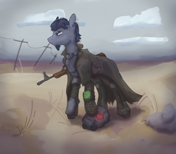 Size: 1600x1400 | Tagged: safe, artist:patsyuk, imported from derpibooru, oc, oc only, earth pony, pony, fallout equestria, beard, clothes, cloud, detailed background, facial hair, male, solo, weapon