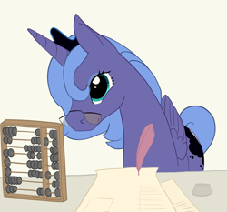 Size: 2131x1983 | Tagged: safe, artist:mandumustbasukanemen, imported from derpibooru, princess luna, abacus, desk, female, glasses, mare, quill, s1 luna, solo, writing