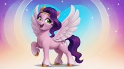 Size: 2560x1440 | Tagged: safe, imported from derpibooru, pipp petals, pegasus, pony, abstract background, adorapipp, ai content, ai generated, chubby, cute, female, g5, generator:pony diffusion v6 xl, generator:stable diffusion, hooves, looking sideways, mare, open mouth, open smile, prompter:siber, raised hoof, smiling, solo, spread wings, standing, unshorn fetlocks, wallpaper, wings