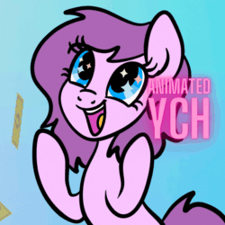 Size: 1080x1080 | Tagged: safe, artist:lannielona, imported from derpibooru, oc, oc only, pony, advertisement, animated, bits, cash, commission, female, gif, gradient background, mare, money, solo, wingding eyes, winner, ych animation, ych example, your character here
