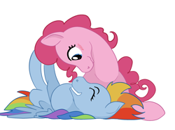 Size: 2732x2048 | Tagged: safe, artist:mandumustbasukanemen, imported from derpibooru, pinkie pie, rainbow dash, pony, blushing, duo, female, lesbian, looking into each others eyes, lying down, mare, on back, pinkiedash, playing, shipping, smiling