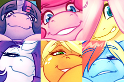 Size: 446x295 | Tagged: safe, artist:sheela, imported from twibooru, fluttershy, pinkie pie, rainbow dash, rarity, twilight sparkle, alicorn, anthro, earth pony, pegasus, unicorn, art pack:pony parade vol. 1, collage, eyebrows, eyebrows visible through hair, freckles, grin, image, lip bite, looking at you, looking down, looking down at you, png, smiling, smiling at you, smug, teaser, twilight sparkle (alicorn)