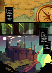 Size: 2000x2814 | Tagged: safe, artist:lumo, imported from derpibooru, comic:lumo's pony academy, fanfic:where the world ends, academy, castle, cliff, comic, compass, engrish, forest, map, nature, pony academy (chapter 1), text, tree