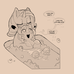 Size: 1200x1200 | Tagged: safe, artist:cold-blooded-twilight, imported from derpibooru, rarity, sweetie belle, pony, unicorn, bathtub, blushing, bubble, confession, dialogue, eyes closed, female, filly, foal, heart, horn, incest, lesbian, mare, monochrome, raribelle, raricest, shipping, siblings, sisters, sketch, speech bubble, underhoof