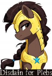 Size: 1280x1856 | Tagged: prompter needed, safe, imported from derpibooru, oc, oc only, earth pony, pony, ai content, ai generated, armor, armored pony, brown coat, brown eyes, brown mane, caption, disdain, disdain for plebs, exploitable meme, female, frown, generator:novelai, generator:stable diffusion, guardsmare, image macro, mare, meme, reaction image, royal guard, simple background, solo, text, white background
