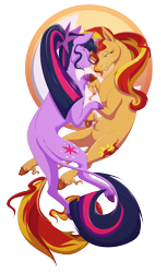 Size: 1300x2125 | Tagged: safe, artist:housho, imported from derpibooru, sci-twi, sunset shimmer, twilight sparkle, classical unicorn, pony, unicorn, equestria girls, belly, cloven hooves, concave belly, equestria girls ponified, female, holding hooves, horn, leonine tail, lesbian, looking at each other, looking at someone, ponified, sci-twishimmer, shipping, simple background, spine, sunsetsparkle, tail, transparent background, unicorn sci-twi, unshorn fetlocks