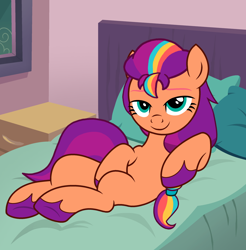 Size: 2374x2410 | Tagged: safe, artist:shieldwingarmorofgod, imported from derpibooru, sunny starscout, earth pony, pony, bed, bedroom, bedroom eyes, female, g5, g5 to g4, generation leap, lying down, mare, on bed, smiling