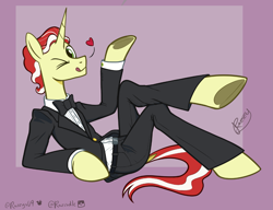 Size: 2619x2010 | Tagged: safe, artist:razzy, idw, imported from derpibooru, flim, unicorn, alternate universe, bowtie, clothes, horn, mirror universe, solo, tuxedo