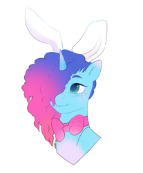 Size: 1499x1810 | Tagged: safe, artist:aztrial, imported from derpibooru, pony, unicorn, spoiler:g5, spoiler:my little pony: tell your tale, spoiler:tyts02e10, bowtie, bunny ears, buried in a good book, bust, cornrows, cute, female, freckles, g5, hair over one eye, horn, mare, markings, misty brightdawn, misty bunnydawn, mistybetes, my little pony: tell your tale, portrait, rebirth misty, simple background, smiling, solo, white background