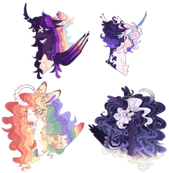 Size: 3248x3330 | Tagged: safe, artist:sleepy-nova, imported from derpibooru, princess celestia, princess luna, rarity, twilight sparkle, alternate design, bust, colored wings, curved horn, facial hair, goatee, horn, multicolored wings, pon, portrait, simple background, transparent background, wings