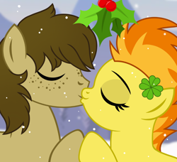 Size: 1200x1095 | Tagged: safe, artist:jennieoo, imported from derpibooru, spitfire, oc, pegasus, pony, commission, freckles, holly, holly mistaken for mistletoe, kiss on the lips, kissing, vector, ych example, ych result, your character here