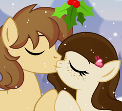 Size: 1200x1095 | Tagged: safe, artist:jennieoo, imported from derpibooru, oc, oc only, pony, commission, female, freckles, holly, holly mistaken for mistletoe, kiss on the lips, kissing, male, mare, snow, snowfall, solo, stallion, vector, ych example, ych result, your character here