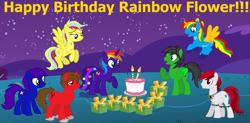 Size: 7875x3860 | Tagged: safe, artist:star-armour95, imported from derpibooru, oc, oc only, oc:llumi knight, oc:michelle lightheart, oc:rainbow flower, oc:scotty scorpion, oc:shield wing, oc:sky shine, oc:star armour, birthday cake, cake, female, food, happy birthday, male